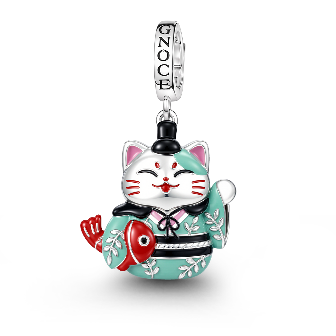 Gnoce Japanese Glow‑in‑the‑Dark Lucky Cat Clasp Dangle Charm Platinum‑plated Silver Blend_2