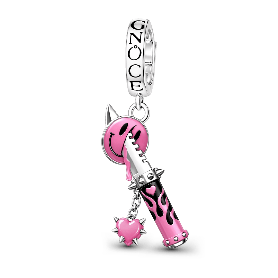 Gnoce Pink Punk Dagger Smile Face Clasp Dangle Charm Platinum-plated Silver Blend_1