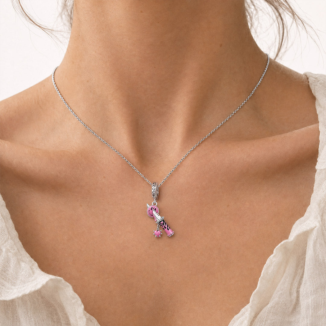 Gnoce Pink Punk Dagger Smile Face Clasp Dangle Charm Platinum-plated Silver Blend_4