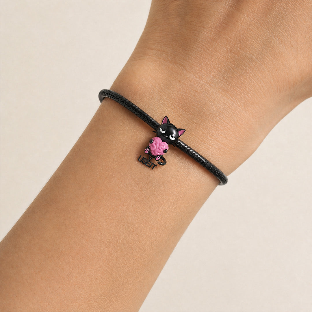 Gnoce Glow-in-the-dark Halloween Punk Black Cat Holding Brain Bead Black Gold-plated Silver Blend_3