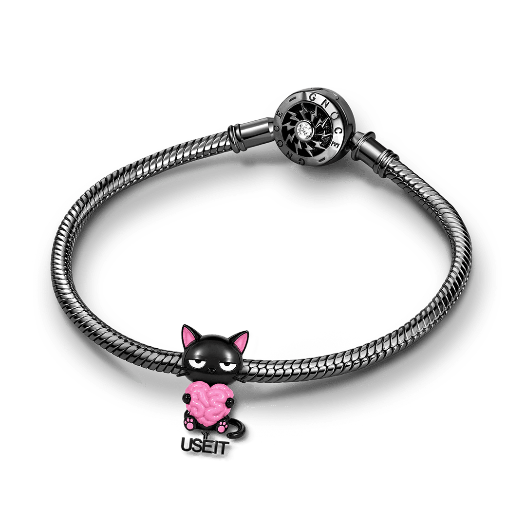 Gnoce Glow-in-the-dark Halloween Punk Black Cat Holding Brain Bead Black Gold-plated Silver Blend_4