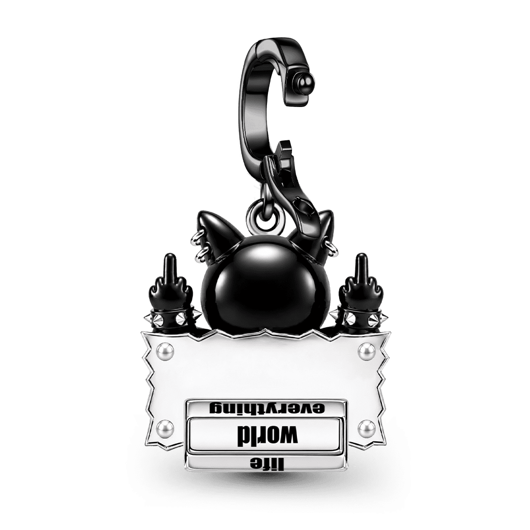 Gnoce Halloween Punk Black Cat Middle Finger Rotatable Clasp Dangle Charm Black Gold-plated Silver Blend_8