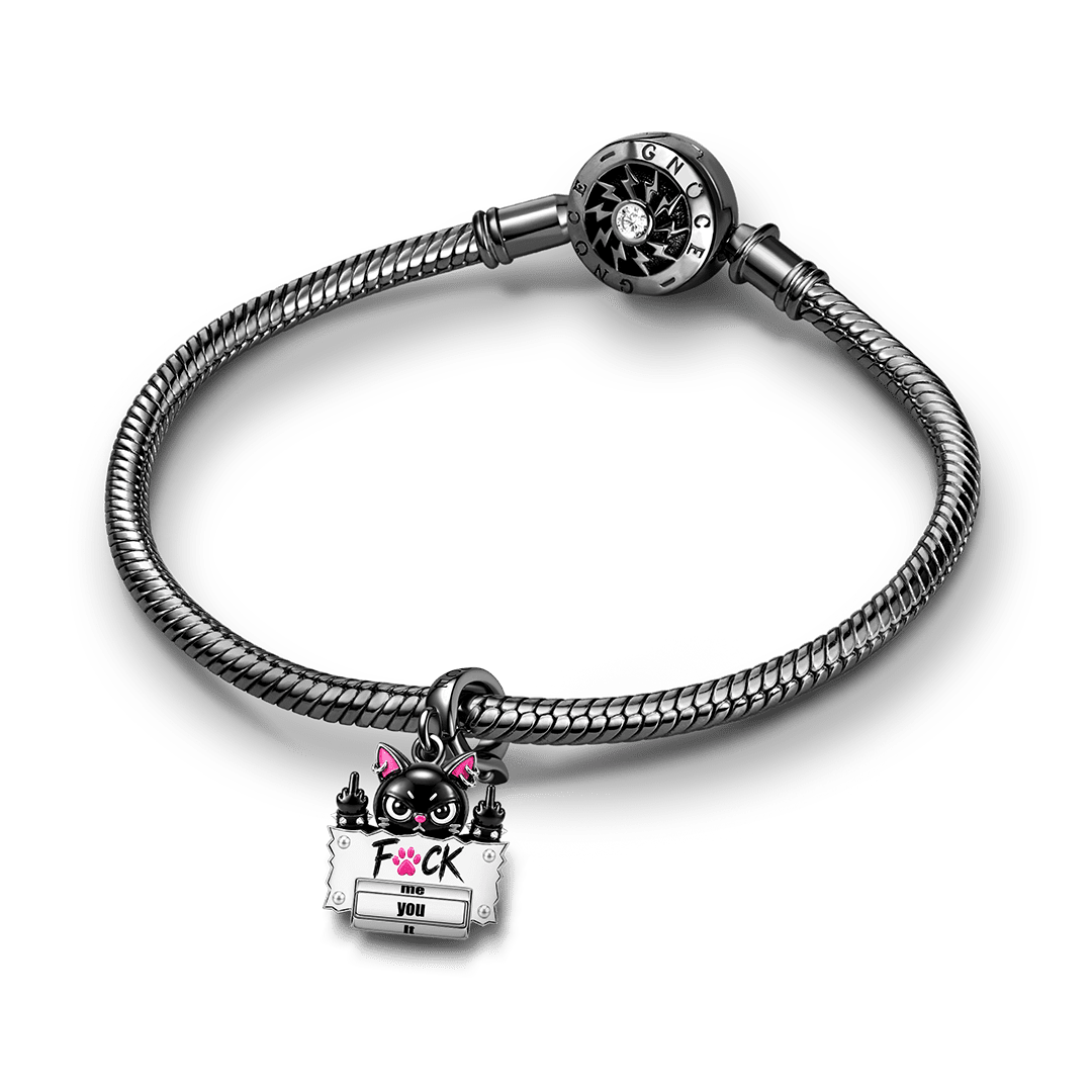 Gnoce Halloween Punk Black Cat Middle Finger Rotatable Clasp Dangle Charm Black Gold-plated Silver Blend_4