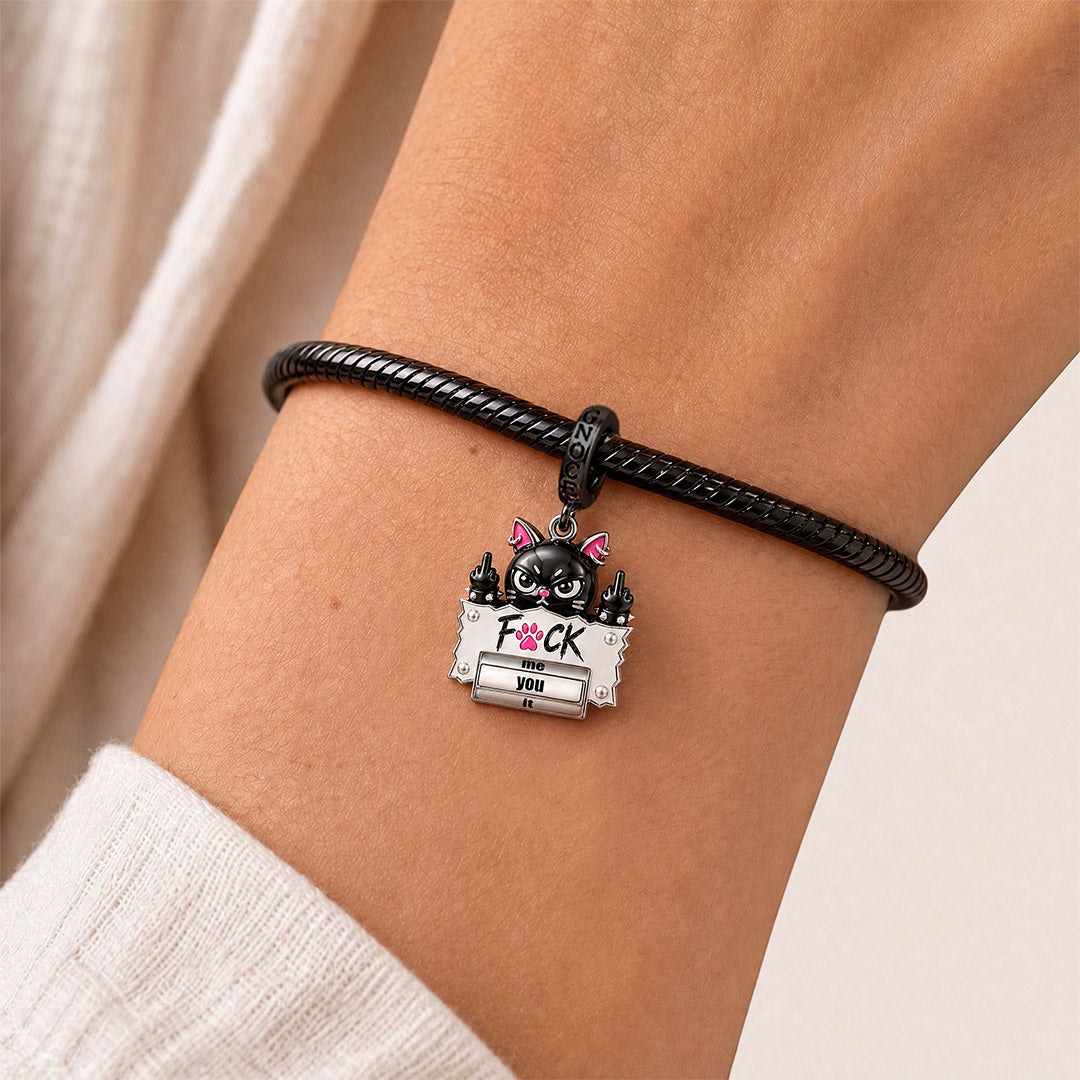 Gnoce Halloween Punk Black Cat Middle Finger Rotatable Clasp Dangle Charm Black Gold-plated Silver Blend_3