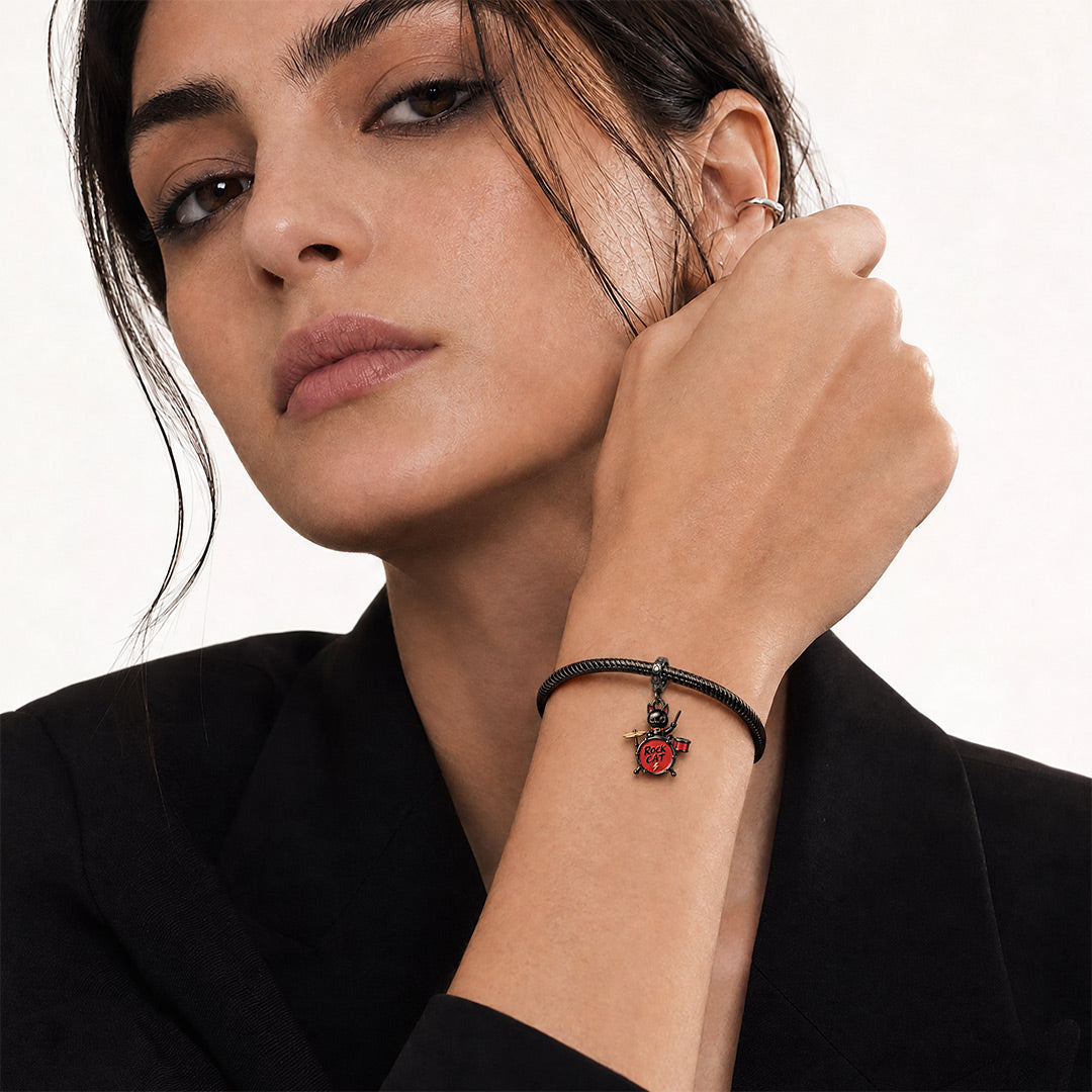 Gnoce Glow-in-the-dark Halloween Punk Rock Cat Drum Kit Clasp Dangle Charm Black Gold-plated Silver Blend_5