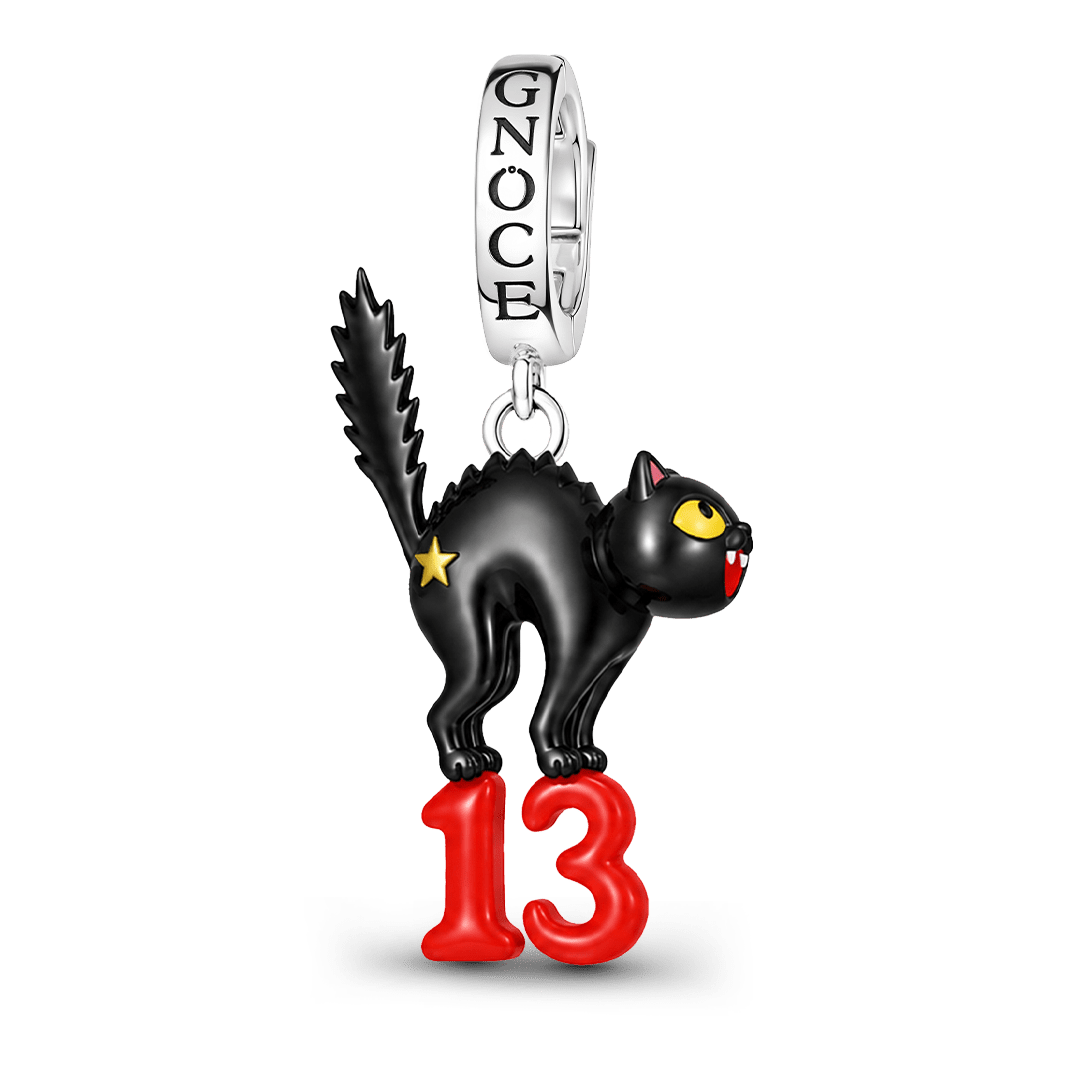 Gnoce Glow-in-the-dark Halloween Punk Black Cat Number 13 Clasp Dangle Charm Black Gold-plated Silver Blend_2