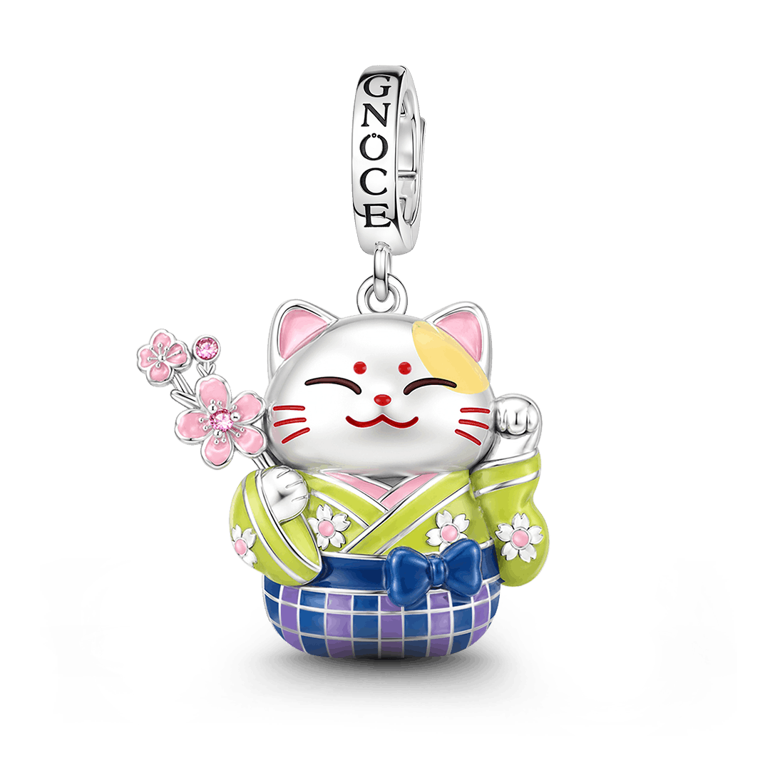Gnoce Kimono Cherry Blossom Cat Clasp Dangle Charm Platinum-plated Silver Blend_1
