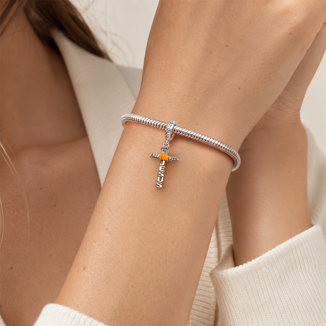Gnoce Halloween Cross Pumpkin Clasp Dangle Charm Platinum‑plated Silver Blend_2