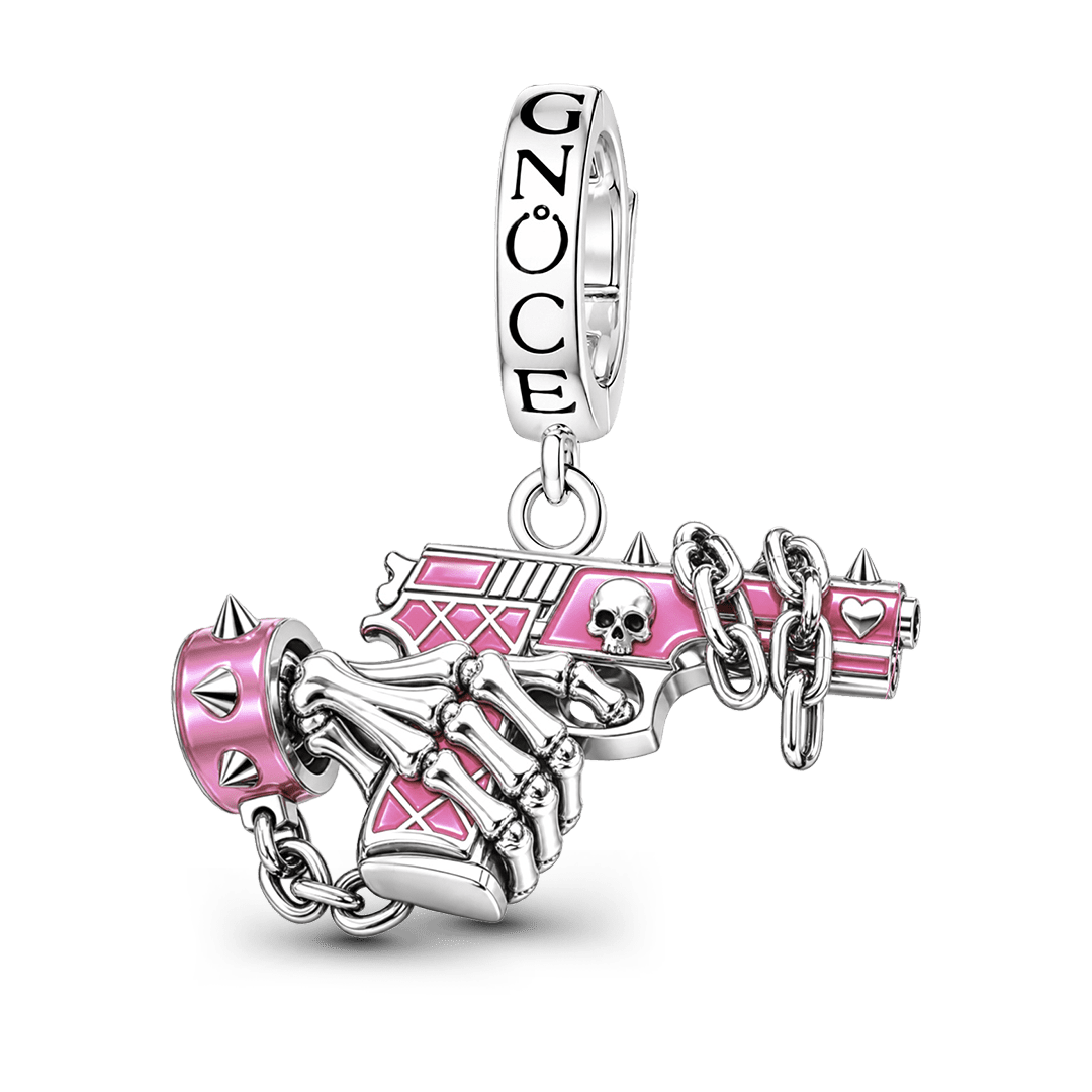 Gnoce Pink Punk Halloween Skeleton Hand Gun Clasp Dangle Charm Platinum-plated Silver Blend_1