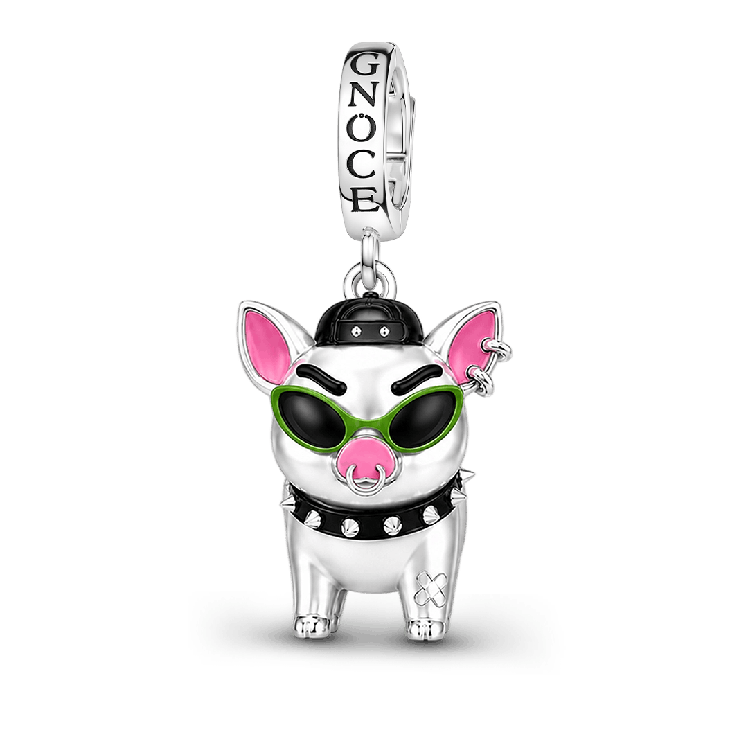 Gnoce Punk Glow‑in‑the‑dark Carefree Pig Rebel Clasp Dangle Charm Platinum‑plated Silver Blend_5