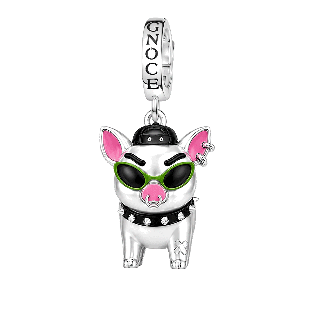 Gnoce Punk Glow‑in‑the‑dark Carefree Pig Rebel Clasp Dangle Charm Platinum‑plated Silver Blend_1