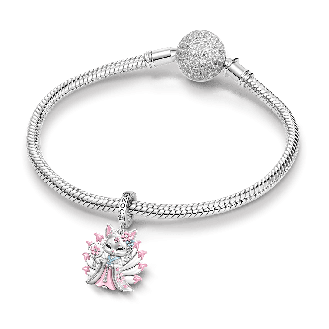 Gnoce Japanese Nine-tailed Fox Pink Cherry Blossom Clasp Dangle Charm Glow-in-the-dark Platinum-plated Silver Blend_4