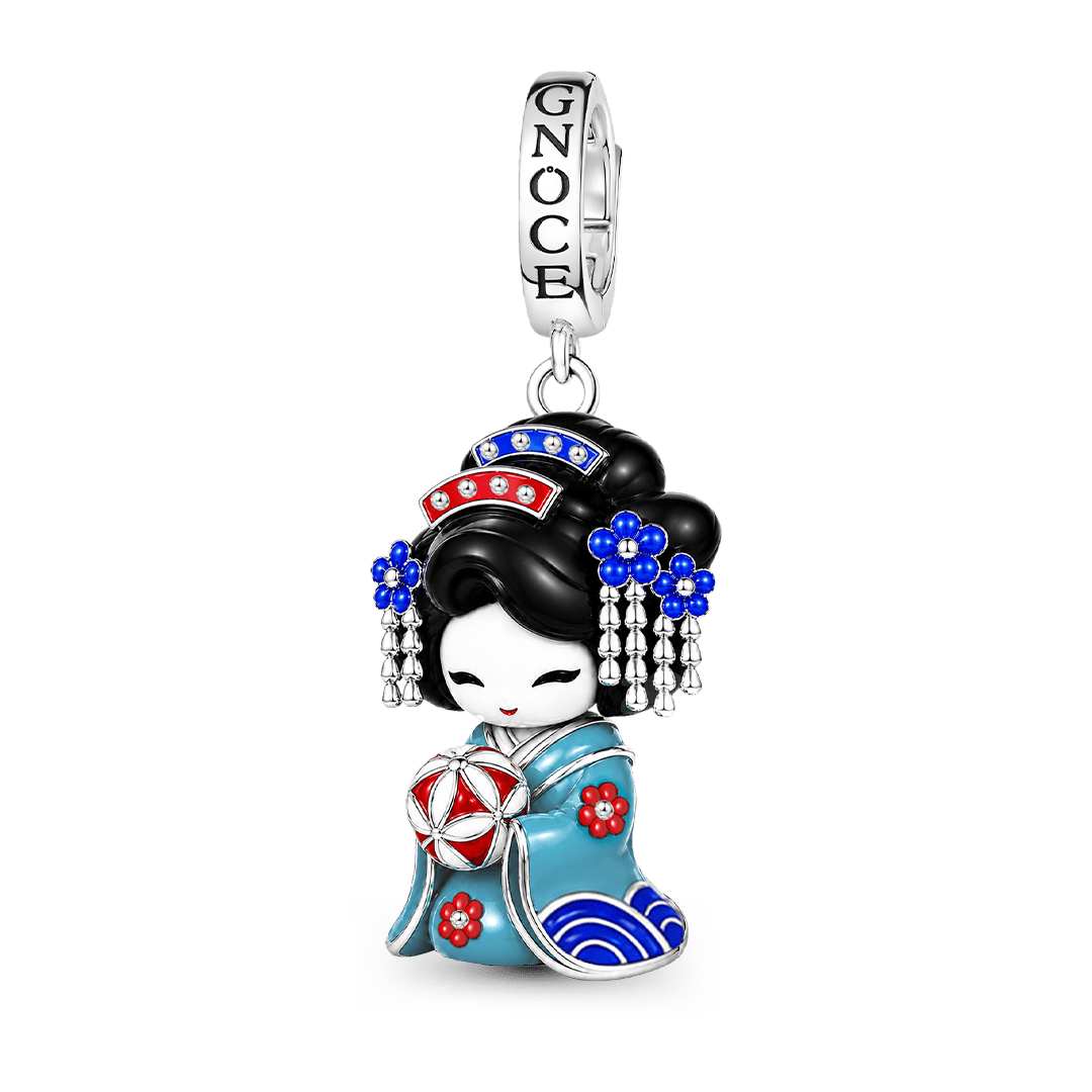 Gnoce Japanese Blue Geisha Doll Temari Glow-in-the-dark Clasp Dangle Charm Platinum-plated Silver Blend_2
