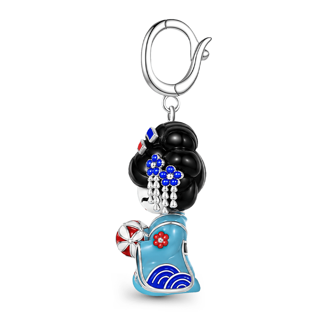 Gnoce Japanese Blue Geisha Doll Temari Glow-in-the-dark Clasp Dangle Charm Platinum-plated Silver Blend_6