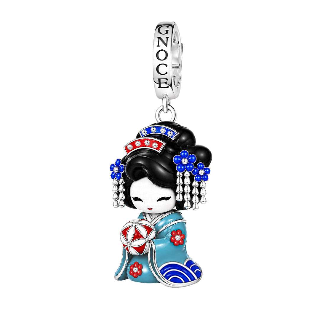 Gnoce Japanese Blue Geisha Doll Temari Glow-in-the-dark Clasp Dangle Charm Platinum-plated Silver Blend_1