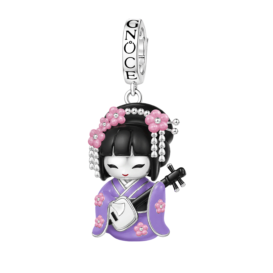 Gnoce Japanese Purple Geisha Doll Shamisen Glow-in-the-dark Clasp Dangle Charm Platinum-plated Silver Blend_1