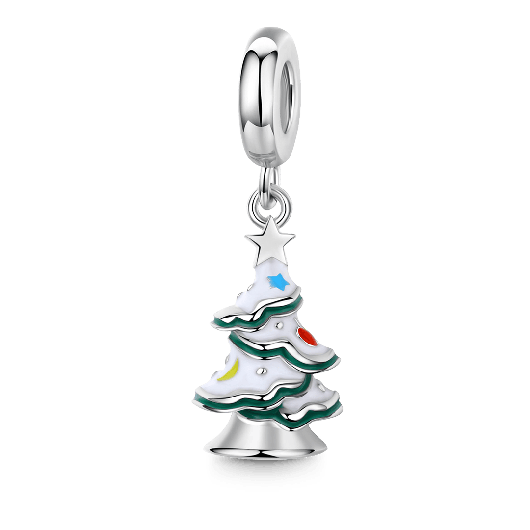 Christmas Tree with Snow and Colored Starmoon & Balls Pendant Dangle Charm 925 Sterling Silver_1