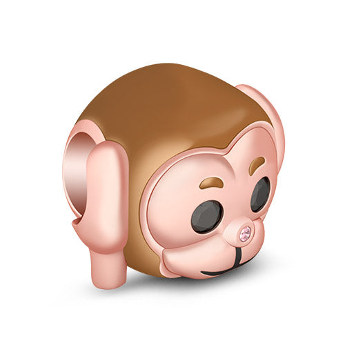 Gnoce "Hear No Evil" Champagne Plated Monkey with Two Black Stones Eyes and Pink Nose 925 Sterling Silver Charm Bead_2