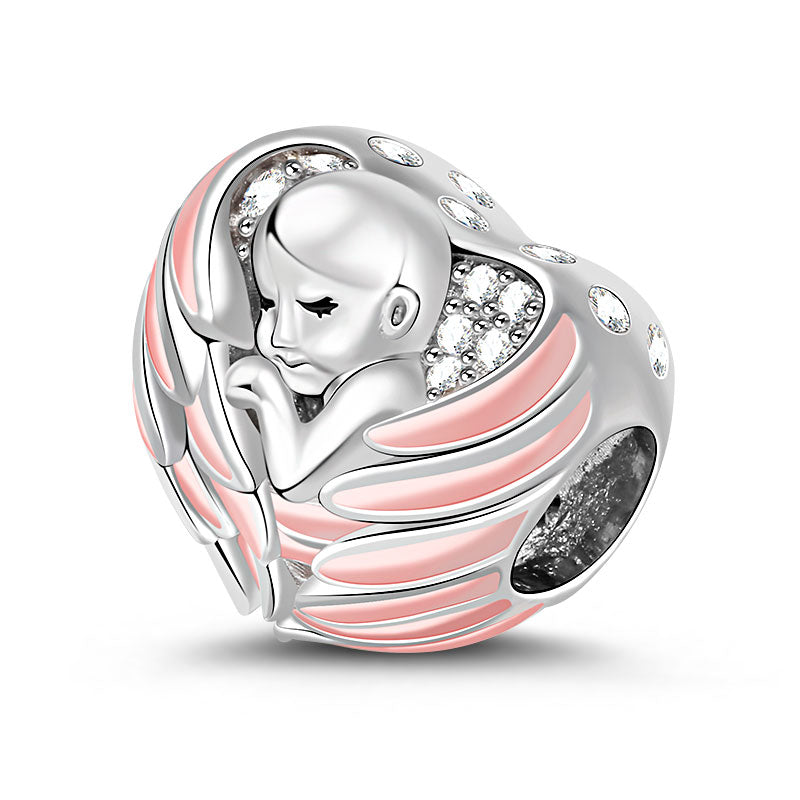 Gnoce "Sleeping Baby Wrapped in Angel Wings" Baby Charm Pink Wings Silver for mothers_2