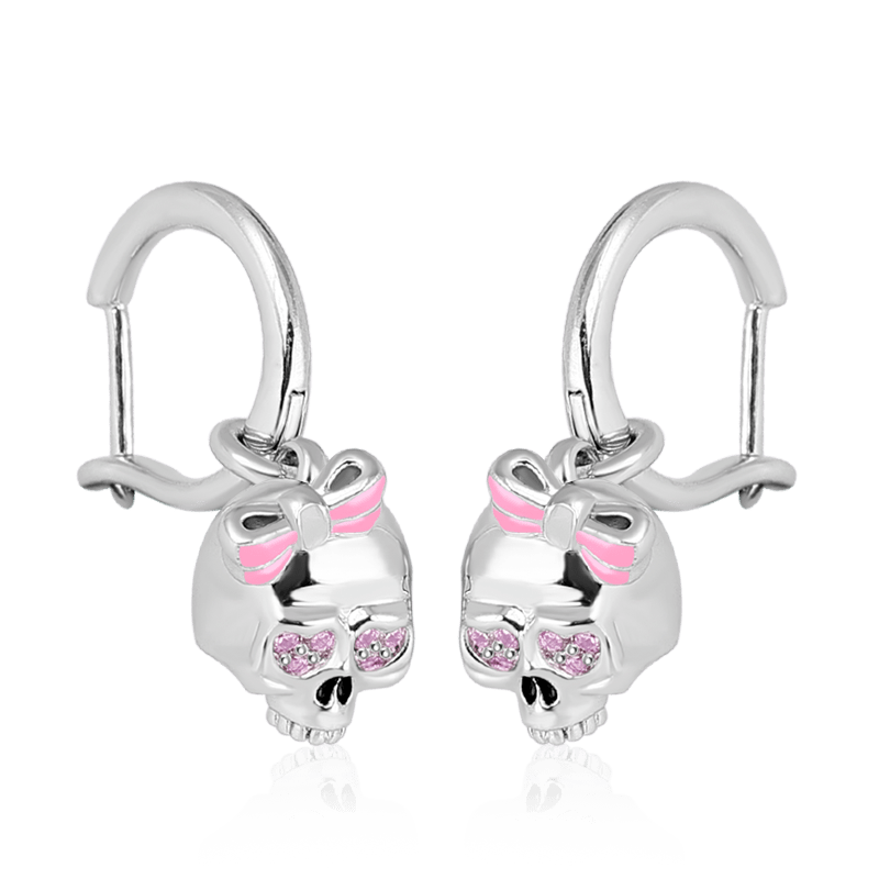 Gnoce "Pink Lady" Skull with Bow-Knot Drop Earrrings Sterling Silver_2