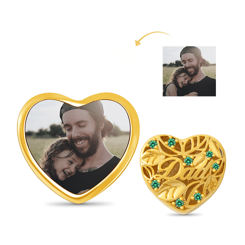 Leaves Heart-shaped Personalized Photo Charm Bead for Dad Sterling Silver 18k Gold Plated_1