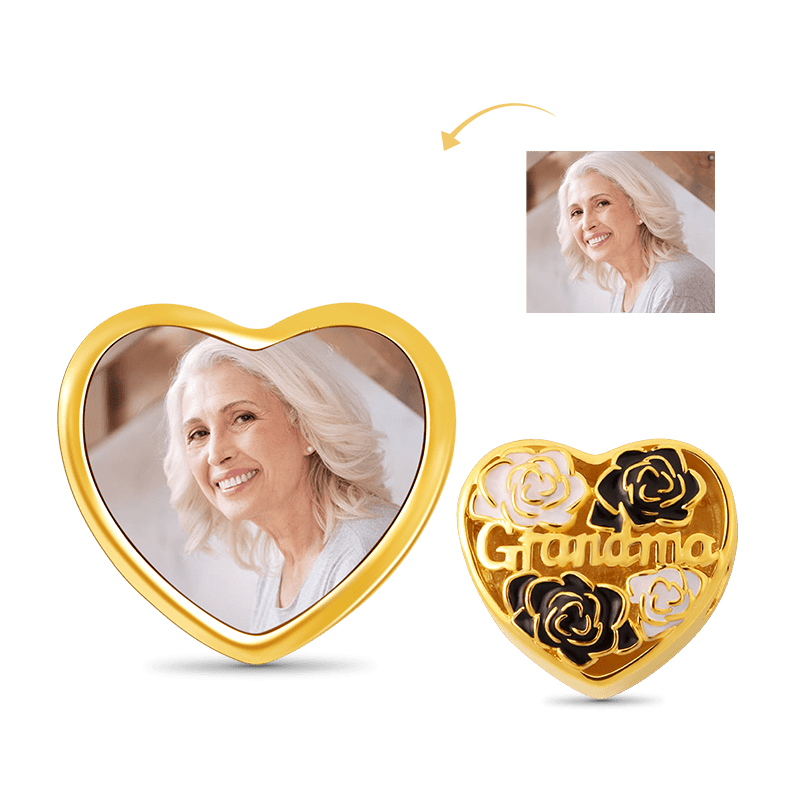 Black & white Flower Heart-shaped Personalized Photo Charm Bead for Grandma Sterling Silver 18k Gold Plated_1