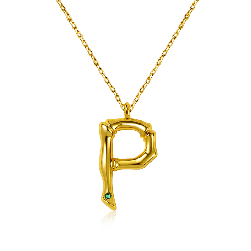 Letter P Pendant Bamboo Initial Necklace Adjustable Chain Length 18k Gold Plated 925 Sterling Silver_1