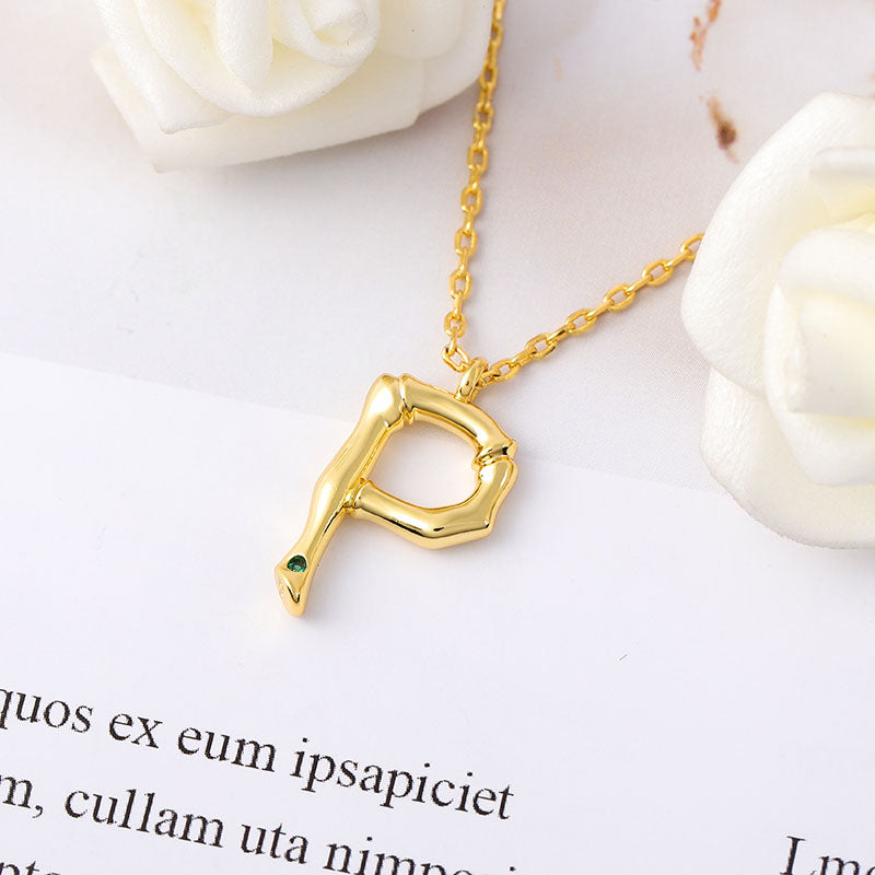 Letter P Pendant Bamboo Initial Necklace Adjustable Chain Length 18k Gold Plated 925 Sterling Silver_3
