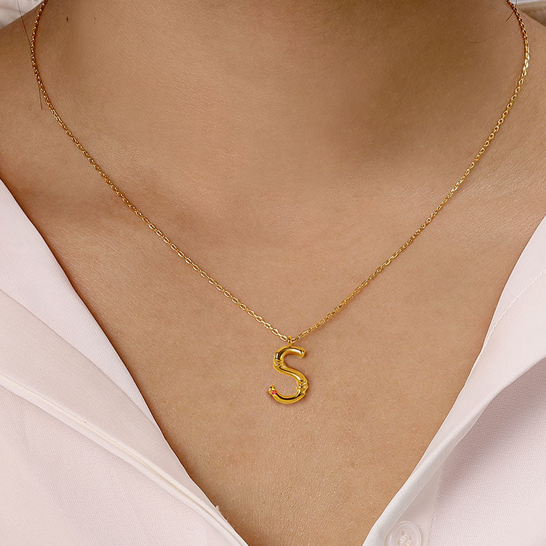 Letter S Pendant Bamboo Initial Necklace Adjustable Chain Length 18k Gold Plated 925 Sterling Silver_4