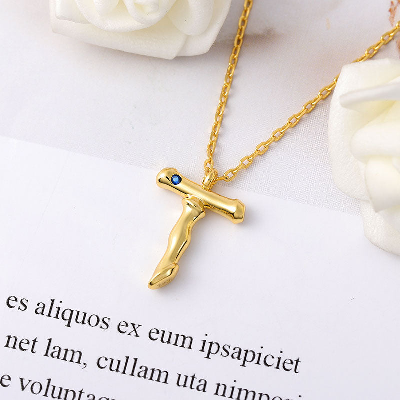 Letter T Pendant Bamboo Initial Necklace Adjustable Chain Length 18k Gold Plated 925 Sterling Silver_3