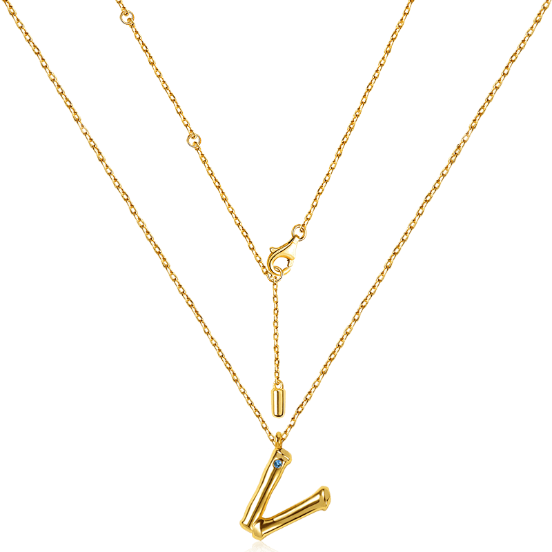Letter V Pendant Bamboo Initial Necklace Adjustable Chain Length 18k Gold Plated 925 Sterling Silver_2