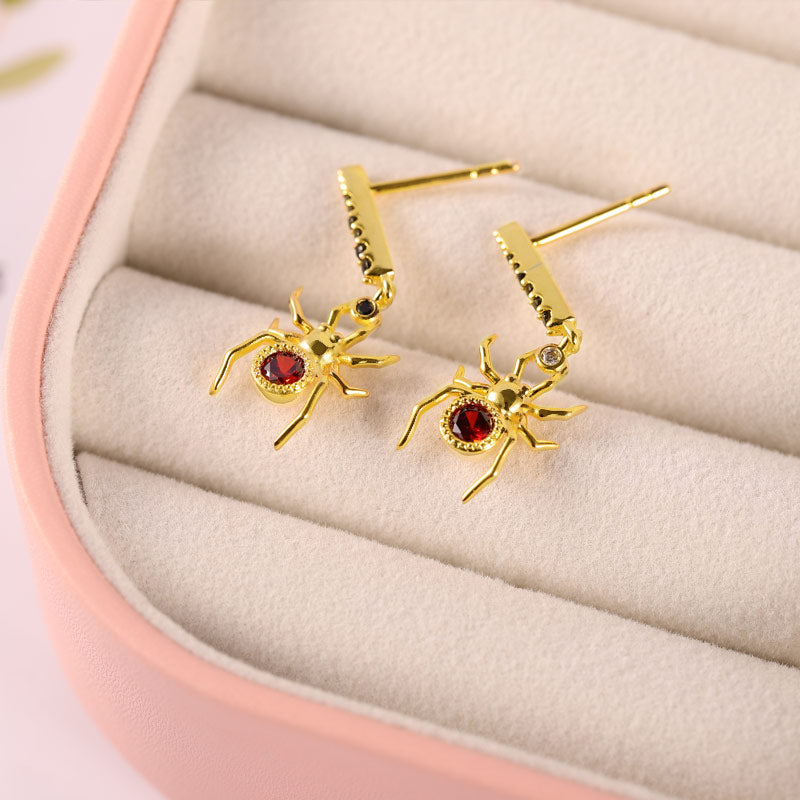 Spider Earrings Sterling Silver 18k Gold Plated with Red Stone_2