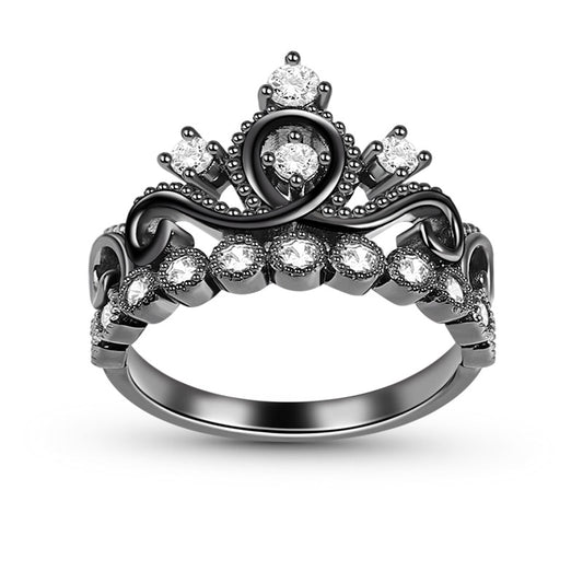 Women's Ring Princess Tiara Crown Ring Sterling Silver Black Plated_1