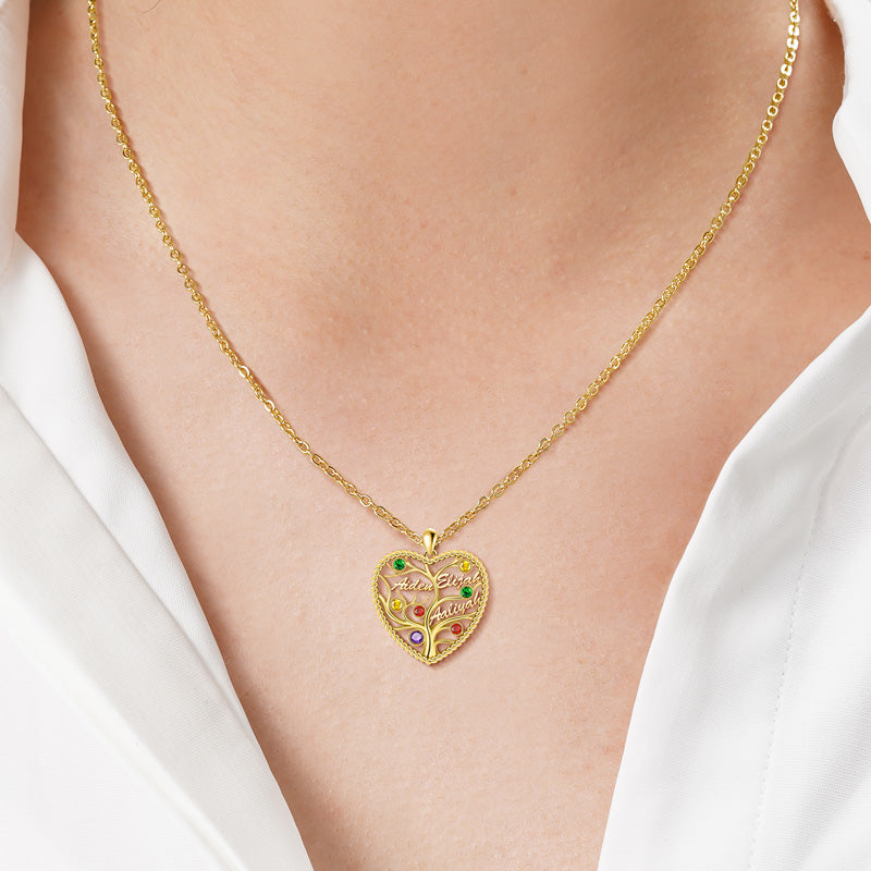 Custom Heart Tree of Life Three Names Necklace Sterling silver inlaid with Colorful Stone_5