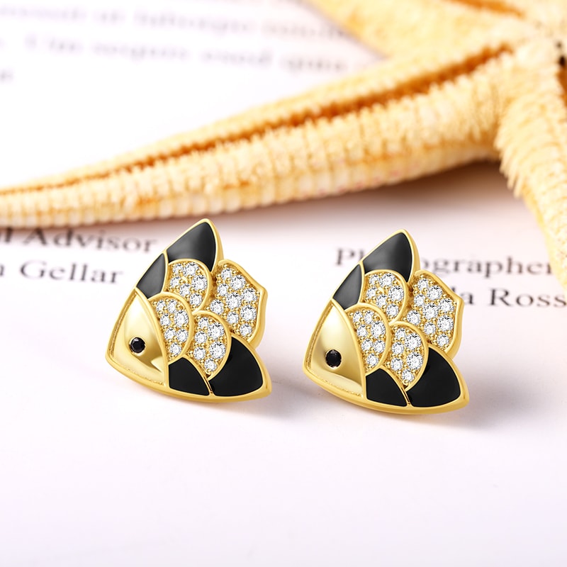 Fish Stud Earrings with 18K Gold Plated Sterling Silver_2