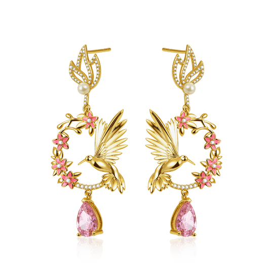 Hummingbird Flower Earrings with 18K Gold Plated Sterling Silver_1